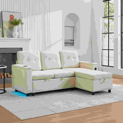 GULFXDS Schlafsofa, L Form Sofa, Multifunktionales Dreisitzer-Klappsofa mit Schlaffunktion, Verstecktem Stauraum und LED-Lichtleiste, Geeignet für Wohnungen/Gästezimmer/Lounge(Beige)