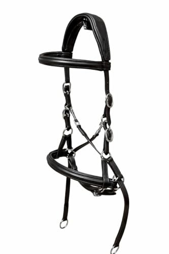 Leather Bitless Bridle Cross Over Side Pull, Black, Padded Headpiece, Stainless Steel Buckles, with Rubber Grip Reins (Black, Pony)