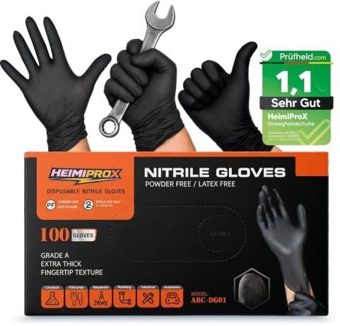 HEIMIPROX Nitrilhandschuhe extra dick und glatt für präzises Arbeiten – Einweghandschuhe puderfrei, latexfreie Handschuhe silikonfrei – verstärkte Stulpe, Schwarz (XL, 100, stück, 1)