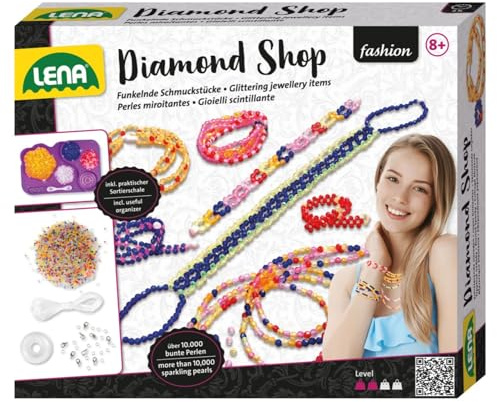Lena SIMM Spielwaren 42304 – Bastelset Diamond Shop groß, mit 10.000 Fädelperlen, elastischen Fäden, Sortierschale & Anleitung, Schmuckset für Kinder ab 8 Jahren zum Basteln von Schmuck