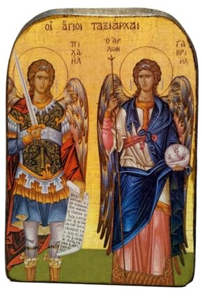 Handgefertigte Ikone aus Holz, im griechisch-christlich-orthodoxen Glauben, Motiv: Berg Athos mit Erzengeln Michael und Gabriel