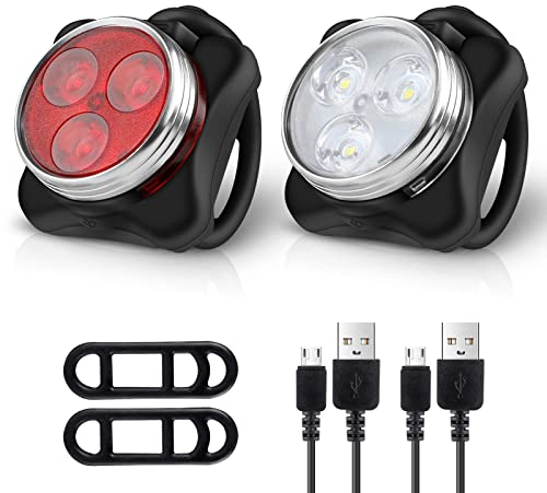 Ascher USB Rechargeable Bike Light Set, Super Bright Front Headlight and Rear LED Bicycle Light,650mah Lithium Battery,4 Light Mode Options(2 USB cables and 4 Strap Included)