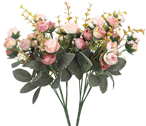Duovlo 7 Branch 21 Mini Rose Heads Artificial Flowers Bouquet Wedding Home Office Decor,Pack of 2 (2 PCS Pink)