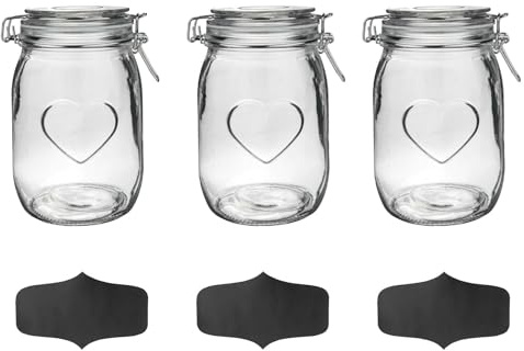 Nicola Spring HerzGlaspeichergläser Mit Etiketten - 1L - Klarer Siegel - Pack Von 3