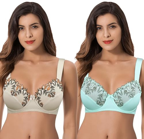Curve Muse Sujetadores sin Forro con Aros y Talla Grande para Mujer, con Encaje Bordado-Paquete de 2-Desnudo,Luz Azul-115D