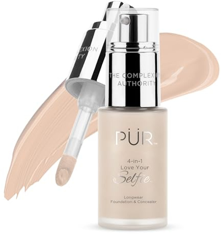 PÜR MINERALS 4-in-1 Love Your Selfie Foundation & Concealer - Longwear Full Coverage Liquid Makeup Foundation with Hydrating Blend for Refined-Looking, Natural Beauty Glow, Skin Texture & Tone