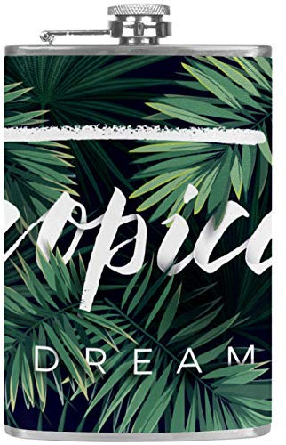 Leather Pocket Flagon Whiskey Flask with Handsel Funnel for Camping Fishing BBQ Party Bar Drinkers Wine Bottle Tropical Plant Leaves