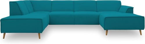 DOMO. collection Wohnlandschaft Jules FK, skandinavisches Sofa mit Federkern, Couch in U-Form mit Holzfüßen, 333 x 191 x 81 cm (BxTxH), Longchair rechts, türkis | Longchair rechts mit Holzfüßen, skandinavische Wohnlandschaft in U-Form mit Komfort-Federkern, 333 x 191 x 81 cm (BxTxH)