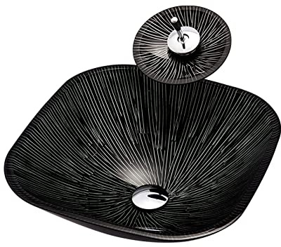 Ksunun Vasque à Poser en Verre Trempé Artistique Lavabo à Poser Salle de Bain Lignes Noir et Blanc Lavabo Lave-Mains Carré avec Ensemble de Drainage Robinet Cascade en Laiton, pour Salle de Bain