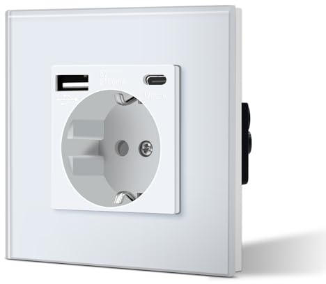 BSEED Schuko Steckdose Glas Weiss Rahmen 3 in1 Unterputz 16 A Steckdosen 1 Weg mit 2.1 A USB Ladeleistung und Typ C Adapter Aufladestation, Einfache Installation, 3-Draht Erforderlich, Weiß