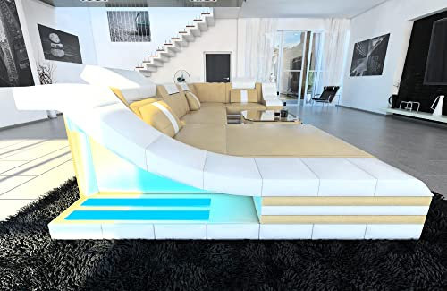 Sofa Dreams Wohnlandschaft Turino U Form Ledersofa - mit LED Beleuchtung, verstellbare Kopfstützen, Recamiere/Lederfarben wählbar/Ausrichtung wählbar (Ottomane Links, Sandbeige-Weiß)