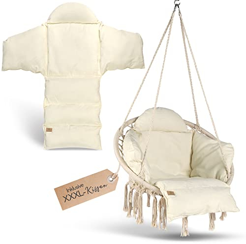 BELLAMATILDA® Premium Hängesessel mit Korb & XXL Kissen + 360° Montagezubehör - Outdoor & Indoor Hängeschaukel - Hängesitz/Hängestuhl ohne Gestell für Garten, Wohnzimmer, Balkon - Hängekorb bis 150kg