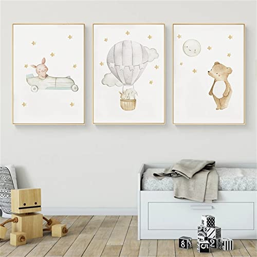 Sarah Duke 3er Kinderposter Set, Cartoon Tiere Heißluftballon Wandbilder Kinderzimmer, Ohne Rahmen Leinwandbilder Deko Geschenk für Junge Mädchen (40 x 50 cm)