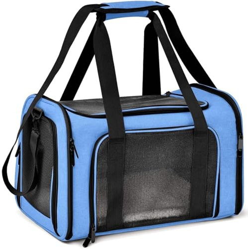 TOFFCAEA Transportväska för katter och hundar, hundtransportbox, hopfällbar katttransportbox, bärbar, 8 kg, katthundar, bärbar box för medelstora hundar, katter (L, blå) L 50 cm x B 34 cm x H