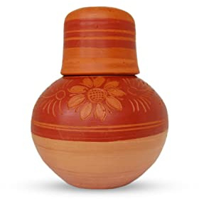 Eco-Friendly 100% Handmade Flower Design 2.5L Handy Look Clay Water POTS with Lid Water Cup for Best Gift Item, Home/Hotel Kitchen Table Décor Natural Cool Save Storage Pitcher