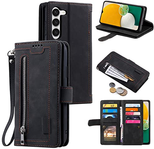 EYZUTAK Handyhülle für Samsung Galaxy S23,Flip Case Lederhülle Reißverschluss Magnetverschluss Brieftasche mit 9 Kartenfächern Standfuntion Retro Matt Ledertasche-Schwarz