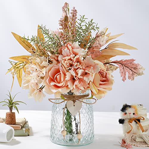 JARELING Seidenrose Blumen in Vase, Kunstblumen Arrangement mit Glasvase Faux Hortensie Rose für Dekoration Tisch Mittelstück (Hortensie Rose Rosa)