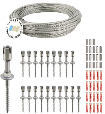Rankhilfe/Ranksystem ''M'' aus Edelstahl - Wandabstand 50mm (Set 8) mit 20 Wandhaltern und 50m Drahtseil
