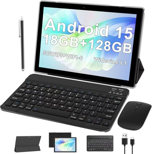 ATOZEE Tablet de 10 pulgadas con teclado Android 15 tabletas 2 en 1 tablet 18 GB RAM 128 GB soporta tabletas de expansión de 2 TB que incluyen funda para mouse Stylus 6000 mAh, batería 2 MP+8 MP