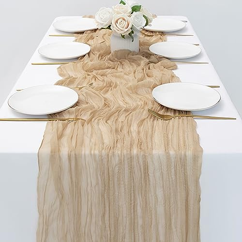 Lot de 2 chemins de table en étamine sable de 89 x 304 cm de long en gaze rustique pour mariage, fête prénatale, vacances, fête d'anniversaire