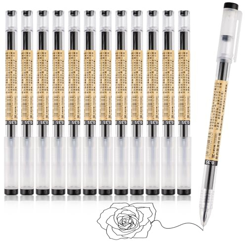 12 Pcs Gel Pens Black, Rollerball Pens, Smooth Writing pens, Ink pen for Writing, Liquid Ink Rollerball pens, pen Multipack, Handwriting Pens for School Kids Adult - 0.35mm