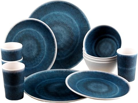 Reusable Quality Melamine Plastic Dinner Set Plates Bowls Cups 16 Piece - Blue