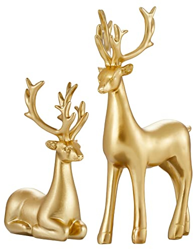 Niceyoeuk 2 figuras de reno de Navidad sentadas y de pie, estatuas de ciervo de Navidad para decoración del hogar y la oficina (dorado, talla única)