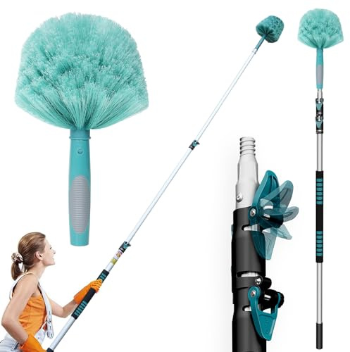 TelesPro Plumeau à toile d'araignée haute portée de 6 m avec manche d'extension de 1,5 à 3,7 m, plumeau en toile d'araignée Webster avec manche télescopique en aluminium à 3 étapes, brosse en toile