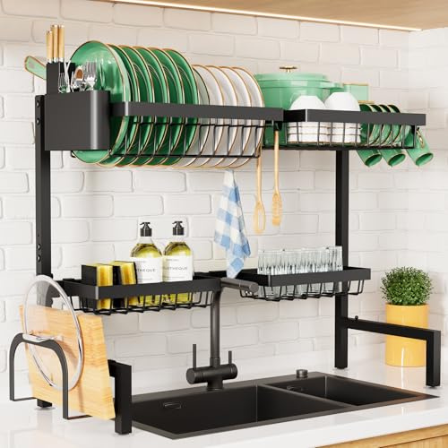 Kitsure Over The Sink Dish Drying Rack - 30.0 to 33.9 x 21.5, Adjustable Sink Drying Rack for Kitchen Sink with Multifunctional Baskets, Black
