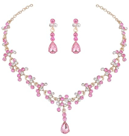 Carufin Bridal Wedding Crystal Collana Orecchini Set Bride Collanes Gioielli Accessori per Donne e Ragazze (Rosa)