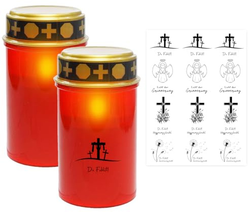 Ronoza 2 Stück LED Grablicht Rot, Grabkerzen Led, Grablaterne Friedhof Wetterfest, Grableuchte mit Kerzentattoos, LED Taufkerze, Led Grablichter für Draußen, Batterien nicht Inbegriffen
