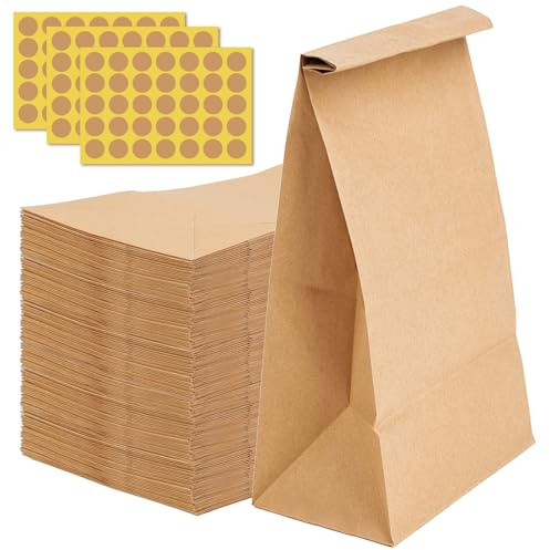 XIDOU 100 Papiertüten mit Aufklebern, 9 * 5.5 * 18cm | Braune Kraftpapier-Bodenbeutel mit gleich vielen Verschlussaufklebern; für Geschenke, Mitgebsel, DIY und Adventskalen