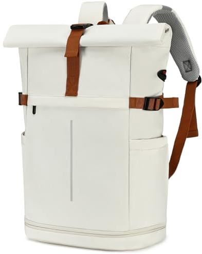 Myhozee RollTop Rucksack Herren Damen 25L-30L LaptopRucksack Schulrucksack für Uni Fahrrad Freizeit Job Sport Reisen, Radsport Stylische Tagesrucksack Waderrucksack mit Laptopfach & Schuhfach - Beige