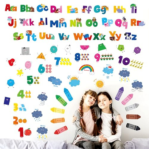 68 Calcomanías de Pared de Alfabeto y Letras, Adhesivos de Vinilo Autoadhesivos - Letras, Clima, Números, Animales, Formas y Colores, Decoraciones Educativas de Letras ABC para Sala de Juegos, Aula
