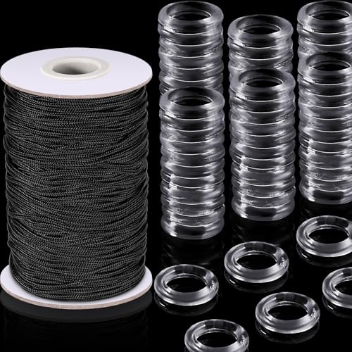 100 Pieces Clear Roman Curtain Rings 55 Yards Roman Blind Cord 8 to 13 mm Transparent Plastic Rings 1.8 mm White Braided Lift Shade Cord for DIY Blind Curtains (Black)