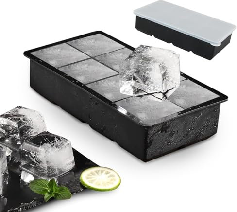 Cubitera de Silicona Grande para Cubitos de Hielo, Moldes XXL con Tapa, 2 Unidades (8 Moldes por Cubitera)