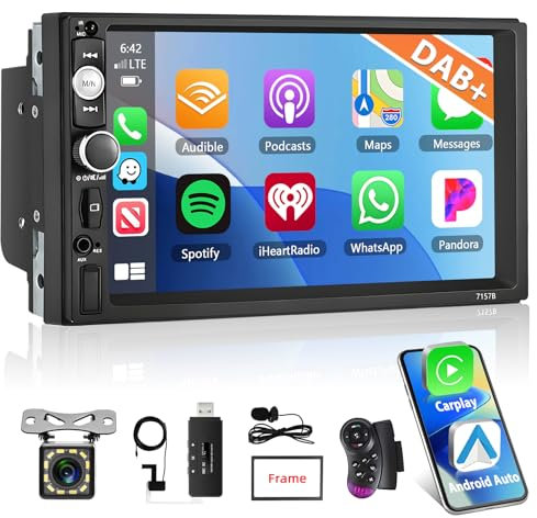 Motorsi Wireless Carplay Android Auto DAB 2 Din Autoradio, 7 HD Touchscreen Car Stereo MP5 Player, Unterstützung Bluetooth/MirrorLink/FM/USB2.0/AUX/Laden/Fernbedienung+Rückfahrkamera