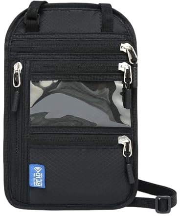 Brustbeutel Brusttasche mit RFID-Schutz, Wasserdicht Anti-Diebstahl Unisex Reisegeldbeutel mit Verstellbarem Halsriemen für Bargeld Karten Reisepass, Passport, Kreditkarten und Reise Zubehör, Schwarz