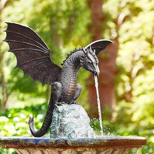 Generisch Garten-Drachen-Statue, Drachenbrunnen Statue Harz Wasserspiel Skulptur Outdoor Drachen Handwerk Dekoration GartenBrunnen Ornamente Zubehör Outdoor Hof Dekoration, 30X30X22cm