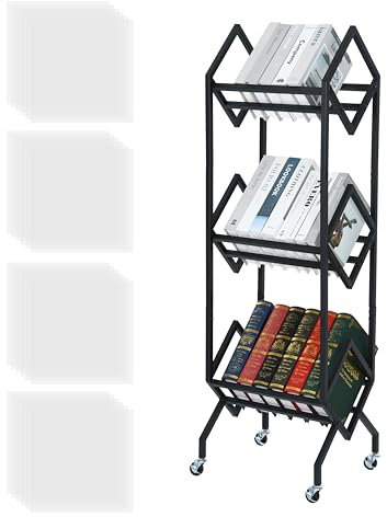 3-Tier Vinyl Record Storage Rack - Black Powder-Coated Steel LP Organiser with Wheels and Fixings, Holds Up to 300 Albums - Includes 24 Clear Polypropylene Record Sleeves (32.4 cm)