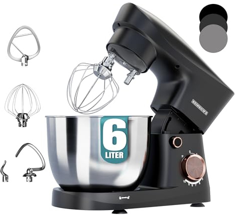 Heinrich´s Küchenmaschine, Knetmaschine, Teigmaschine, Rührmaschine, 1500W Küchengerät, Knethaken, Rührhaken, Schneebesen, 10 einstellbare Geschwindigkeiten, XL 6L Edelstahlschüssel,geräuscharm,titan