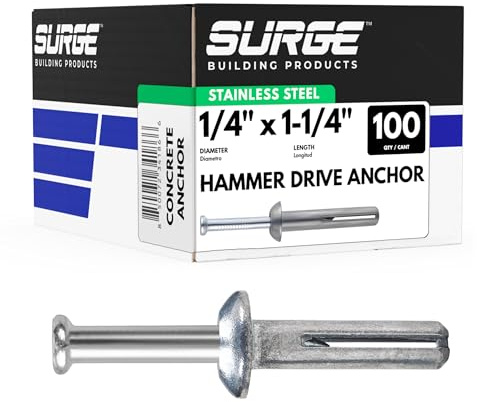 Surge BP - Stainless MH Hammer Drive Nail in Concrete Anchor with 304 Stainless Steel Nail | Fasteners for Concrete, Block, and Brick (100/BOX) (100, 1/4 X 1-1/4)
