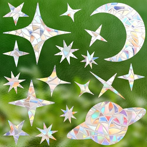 Nogeqi Pack of 3 Rainbow Window Film, Prism Window Stickers, Bird Protection, Window Film, Rainbow Effect, Suncatcher Sticker, Stars and Moon for Dining Room, Bedroom, Door Window
