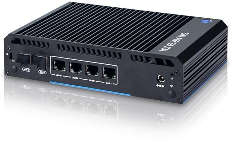 Sharevdi Lüfterloser Router Firewall Appliance Mini PC mit 2X SFP+ 4X Intel i226 LAN Ethernet Intel N150, Netzwerk Gateway Soft Router AES NI/HD/COM 8G DDR4 128G SSD M.2 NVME (Intel N150)