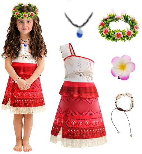 LGZIN Deguisement Vaiana Fille, Robe de Princesse Vaiana Enfants avec Collier, Bracelet, Guirlande et Pince à Cheveux, Costume d'Aventure Vaianas pour Anniversaire Carnaval Cosplay (140)
