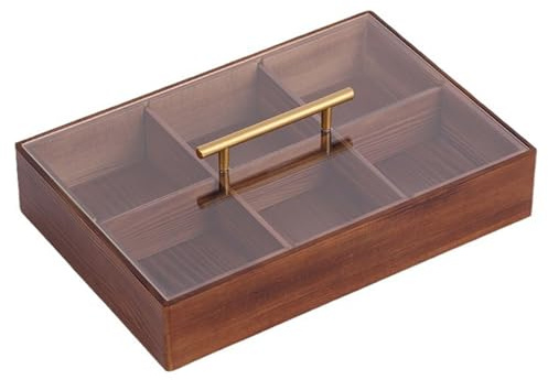 Plateau de service carré avec couvercle, 6 compartiments, en bois, divisé, couvercle en verre acrylique transparent, finition naturelle, idéal pour noix, fruits secs, bonbons, sachets de thé
