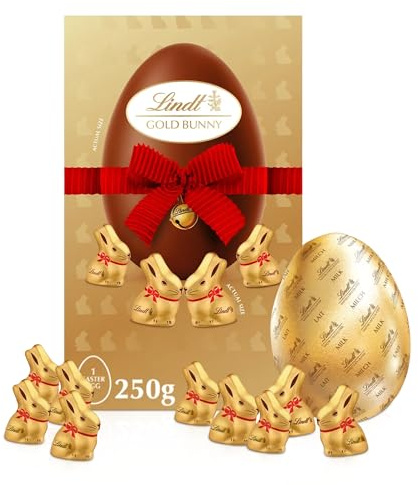 Topline Lindt Chocolate Easter Egg Hamper - Finest Milk Chocolate Egg with 9 Gold Bunny 250g. Great Chocolate Gift for Easter Gifts, Chocolate Hamper, Egg Hunt with Topline Easter Decoration