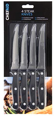 Chef Aid - Set di 4 coltelli da Bistecca in Acciaio Inox, Colore Manico: Nero