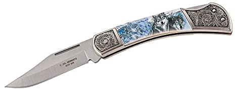 Herbertz 590211 Taschenmesser, Motiv Wolf, Stahl AISI 420, Nagelhau, Back Lock, Zink-Druckguss-Beschläge, scharfes Klappmesser & Outdoor-messer für Camping, Wandern oder Jagd