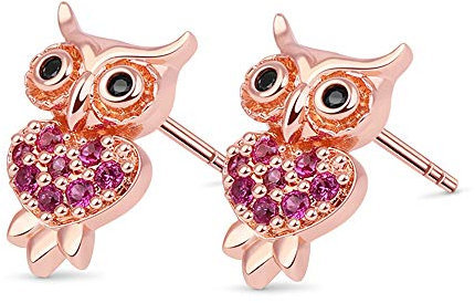 GNOCE Damen Ohrstecker Silber 925 Kinder Weiße Katze mit Blume Eule Gold Plated Hirsch Schmetterling Ohrringe Tiere Set Mode Ohrringe Geschenk für Frauen Mädchen (Eulen-Roségold)